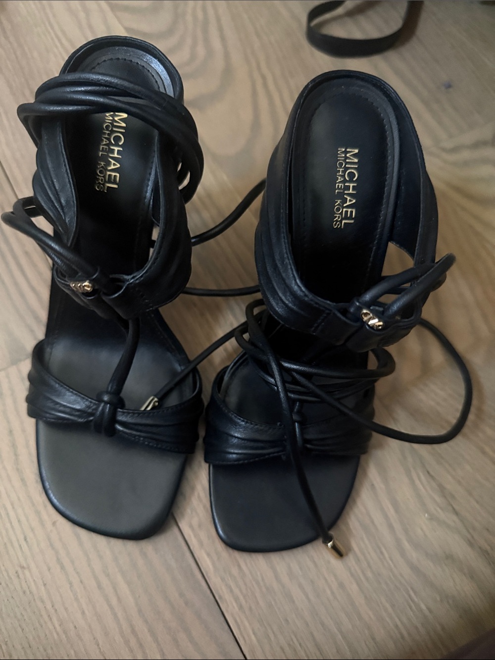 MICHAEL Michael Kors Black Leather Wrap-Strap Heels